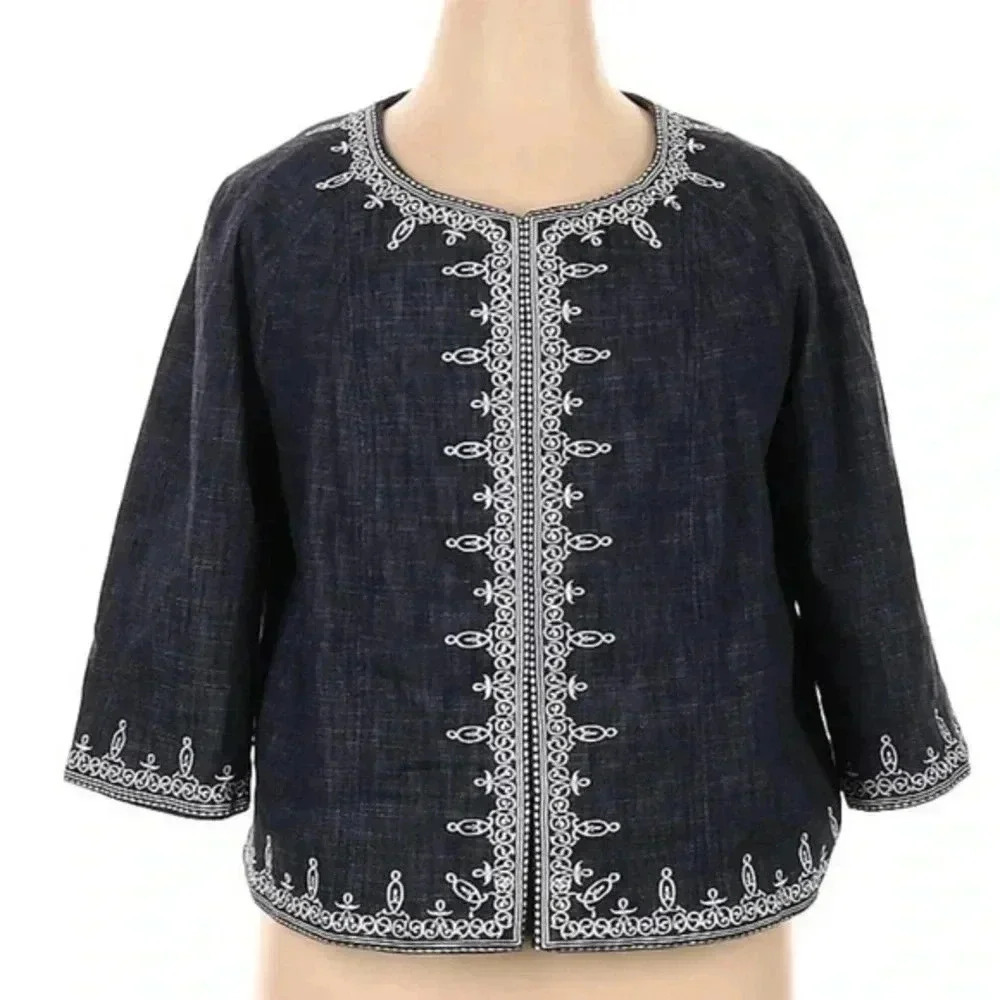 DressBarn Denim Blue Embroidered Cropped Jacket Blazer Women’s Plus Size 14W